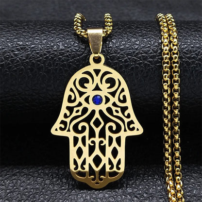 Hamsa Fatima's Hand Turkish Eye Lotus Stainless Steel Necklace