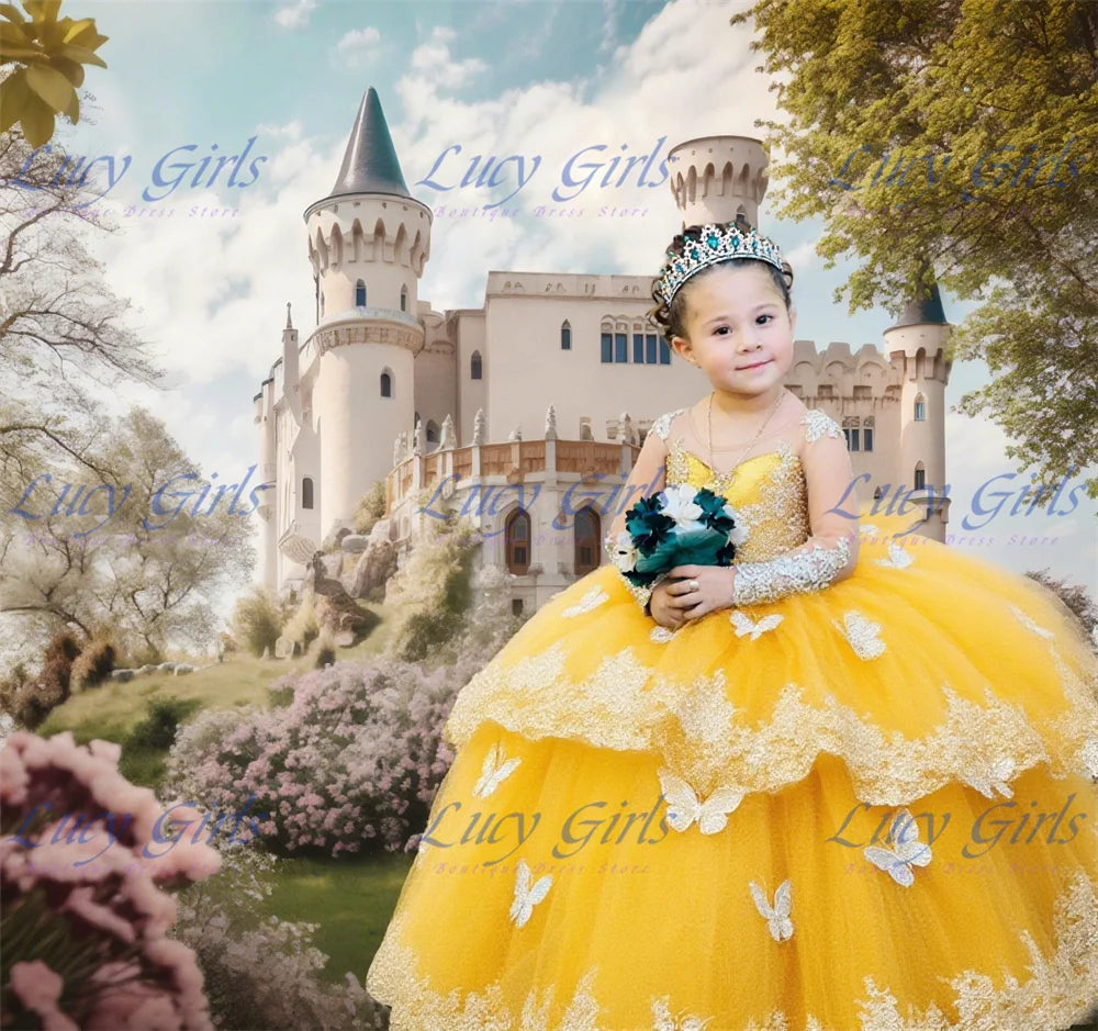 Elegant Quality Dark Blue Flower Girl Dress Tulle Fluffy Exquisite Lace Applique With Bow Little Princess Birthday Party Gowns