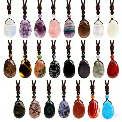 Casual Simple Natural Water Droplet Pendant Necklace Amethyst Opal Obsidian Red Agate Pendant Adjustable Cord Chain Necklace
