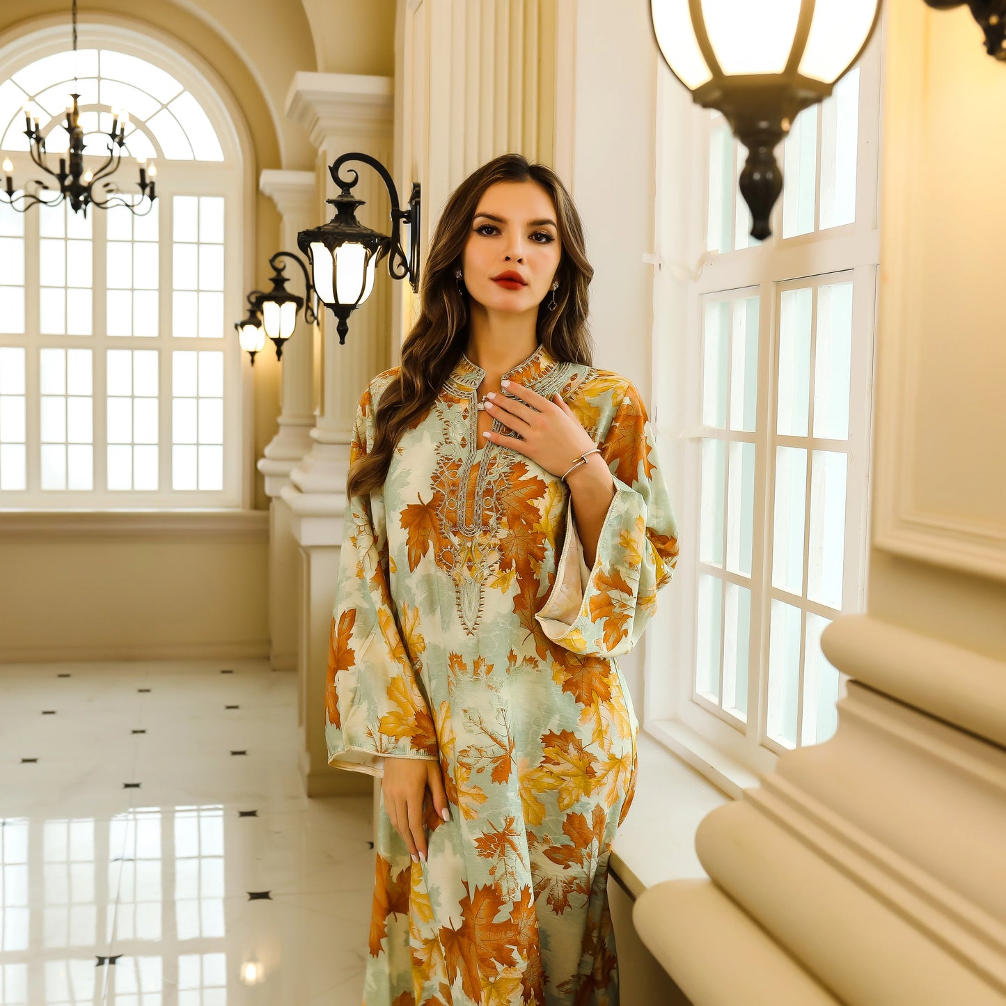 Elegant Middle Eastern Abaya Dress - Long Sleeve Geometric Print Loose Fit Kaftan with Embroidery Detail, Floor-Length Muslim Dr - AMULET RING STORE