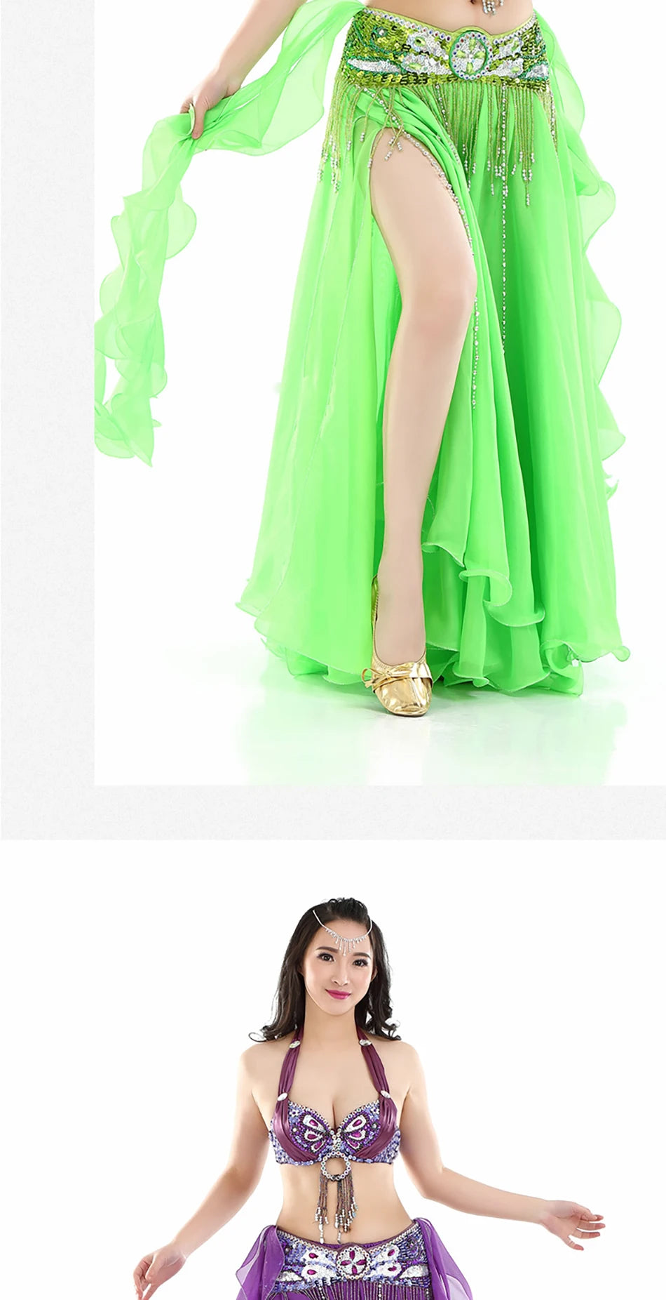 Belly Dance Skirt Chiffon Skirts Double Slit Ear Gauze Skirt High Slit Skirt For Adult Women Performance Practice Clothings