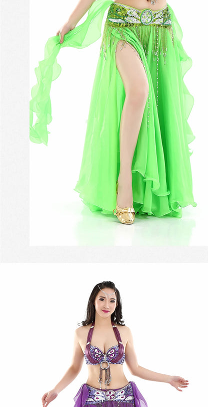 Belly Dance Skirt Chiffon Skirts Double Slit Ear Gauze Skirt High Slit Skirt For Adult Women Performance Practice Clothings