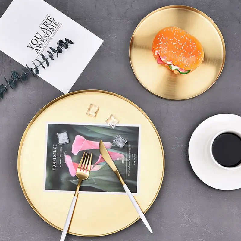 12/20/30cm Decorative Golden Nordic Round Tray Stainless Steel Luxury Jewelry Tea Coffee Cup Tray Home Car Keys Storage Trays - AMULET RING STORE
