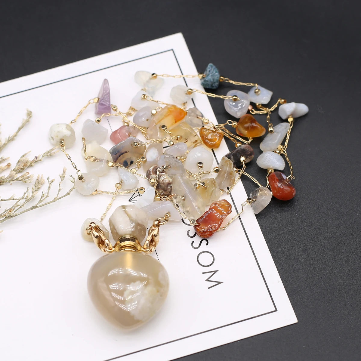 Perfume Bottle Necklace Natural Stone Cherry Blossom Agate Perfume Bottle Pendant For Women Christmas Halloween Gift Chain 80cm - AMULET RING STORE