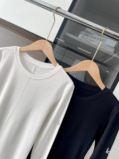 Women's Sports Quick Drying Fitness Yoga Top Simple Black White Long Sleeved Threaded T-shirt Fashion Solid Color Cotton T-shirt