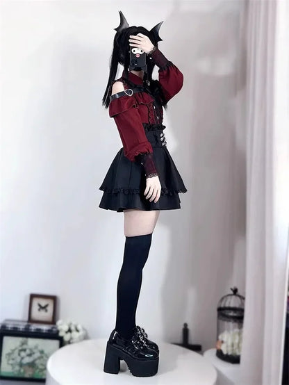 Sweet Gothic Lolita Two Piece Set, Off Shoulder Blouse + High Waist Skirt, Kawaii Tri-color Lace Coord Outfit for Women & Teens