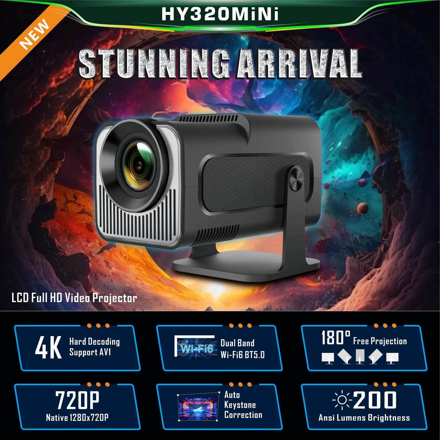 FGHGF HY320 Mini Upgrade Native 720P Android 11 Projector 300ANSI Wifi6 BT5.0 4K Cinema Outdoor Portable 180 ° Rotable Projector