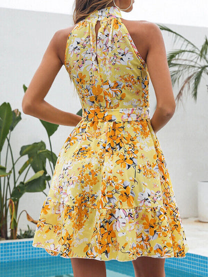 Hanging neck sleeveless temperament lace up ruffle hem big swing floral Womens dress Elegant Floral Print Robe Spring Pullover