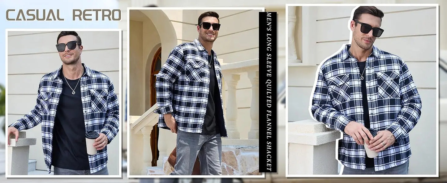 TACVASEN Winter Plaid Cotton Jackets Mens Long Sleeve Quilted Lined Flannel Shirt Jacket Multi-Pockets Outwear Hiking Coats Tops