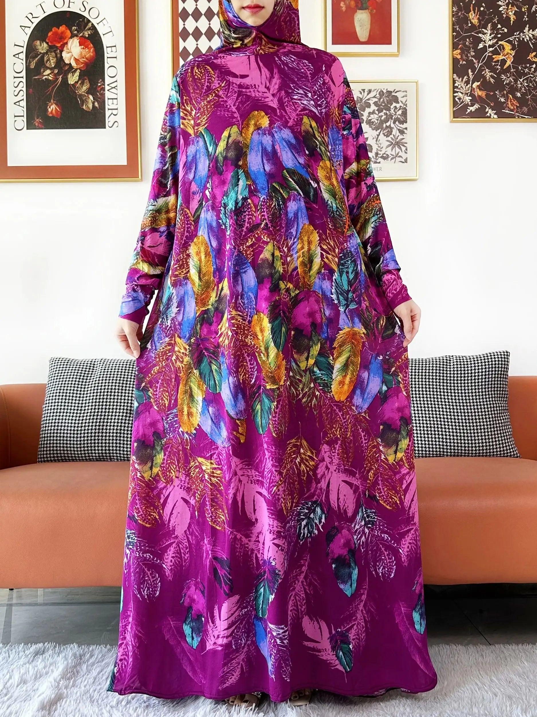 2025 Floral Ramadan Muslim Dress Solid Color Khimar Kaftan Abaya Robe with Attached Hijab Middle East Prayer Garment for Women - AMULET RING STORE