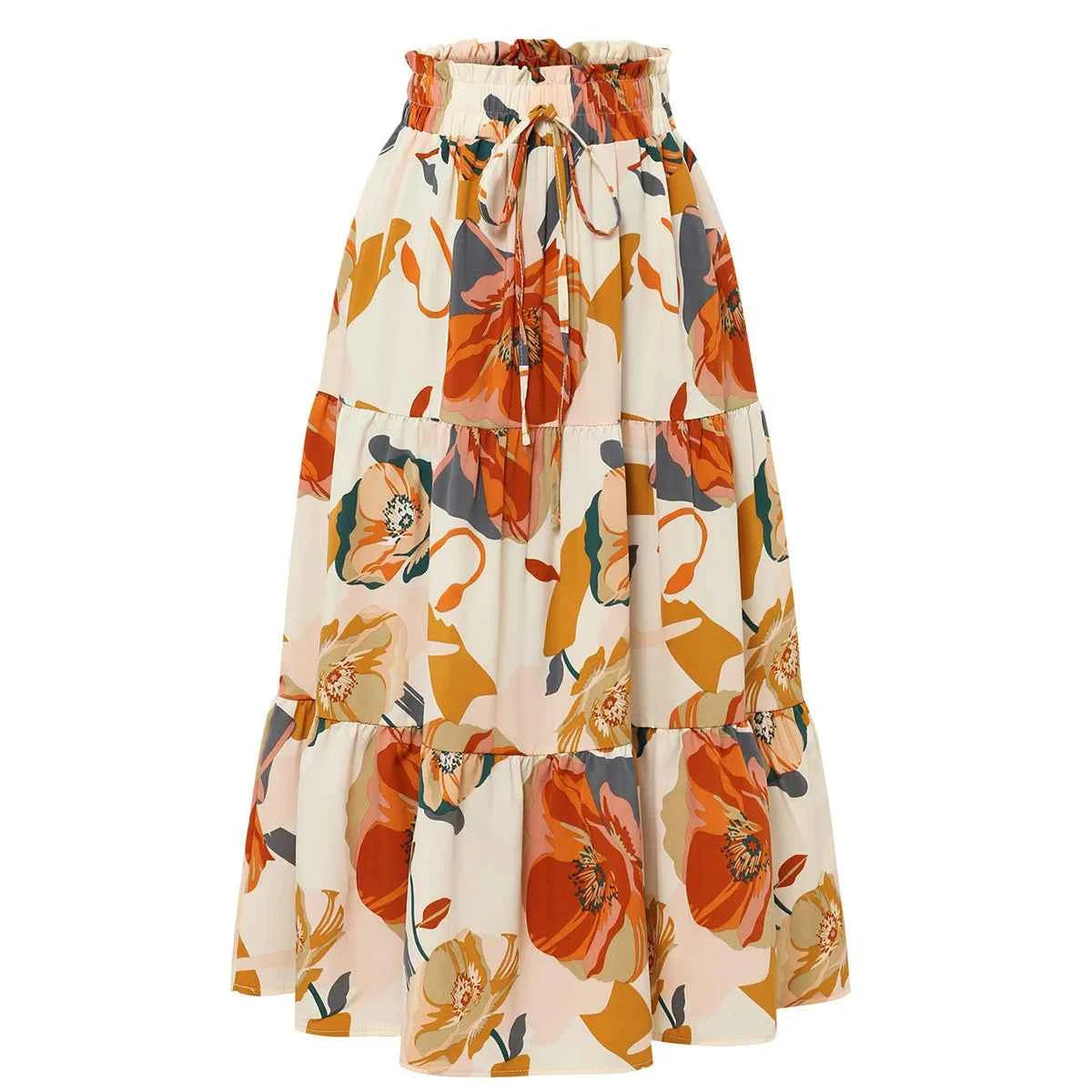 Women Floral Print Elastic Waist Pleated Skirt Multiple Colors All-match Lady Skirt