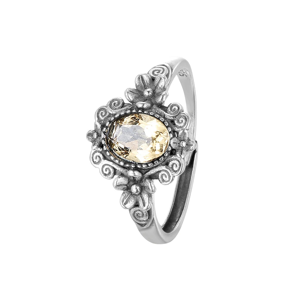 S925 Sterling Silver Citrine Ring Adjustable Stackable Bands Yellow Crystal November Birthstone Handmade Floral Boho Jewelry - AMULET RING STORE