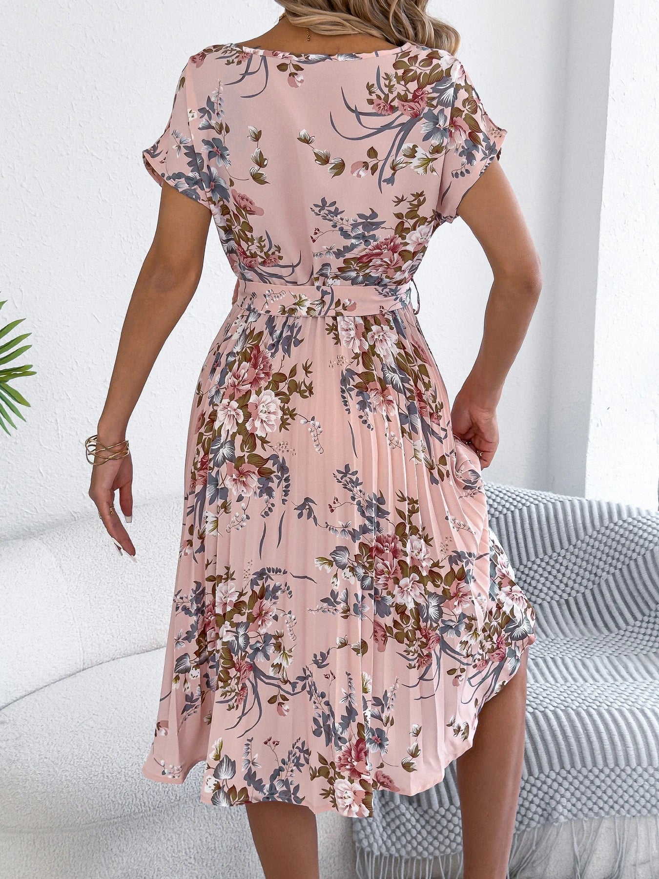 2025 Retro Floral Pattern Printed Dress Woman Elegant Spring Summer Round Neck Lace Up Short Sleeve Dress