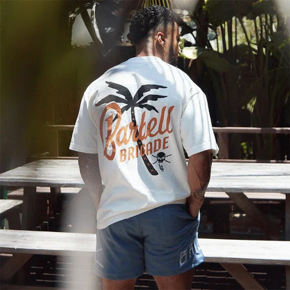 Barbell Brigade PALM TREE TEE Muscle Fitness Casual T-shirt Summer Men's Athleisure Workout Shirts Gym Sport Unisex Shirt Tops - AMULET RING STORE