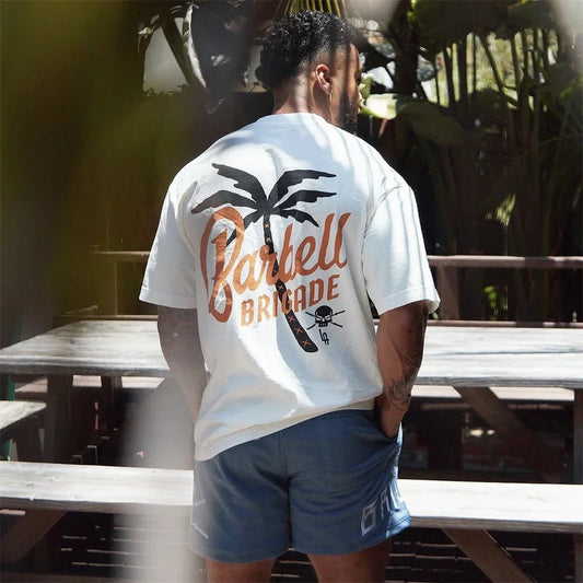 Barbell Brigade PALM TREE TEE Muscle Fitness Casual T-shirt Summer Men's Athleisure Workout Shirts Gym Sport Unisex Shirt Tops - AMULET RING STORE