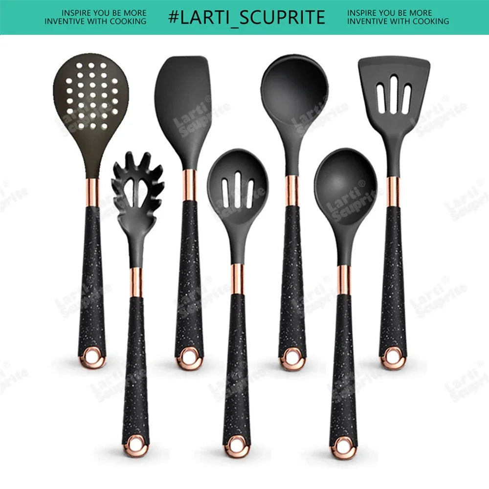 Good Quality Silicone Kitchen Utensils Set Rose Gold Plated Handle Cooking Tool Non-stick Heat Resistant Kitchenware Accessories