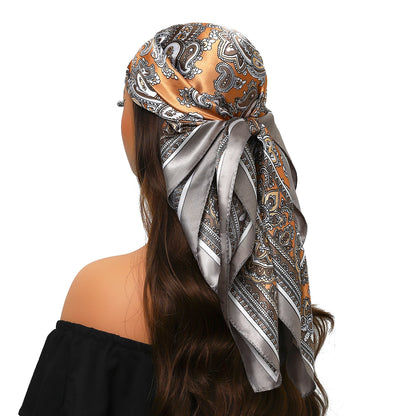 Head Scarf Women Luxury Brand Square 90*90cm Silk Foulard Satin Bandana Cheveux Soft Neckerchief Hijab Hair Scarves For Ladies - AMULET RING STORE