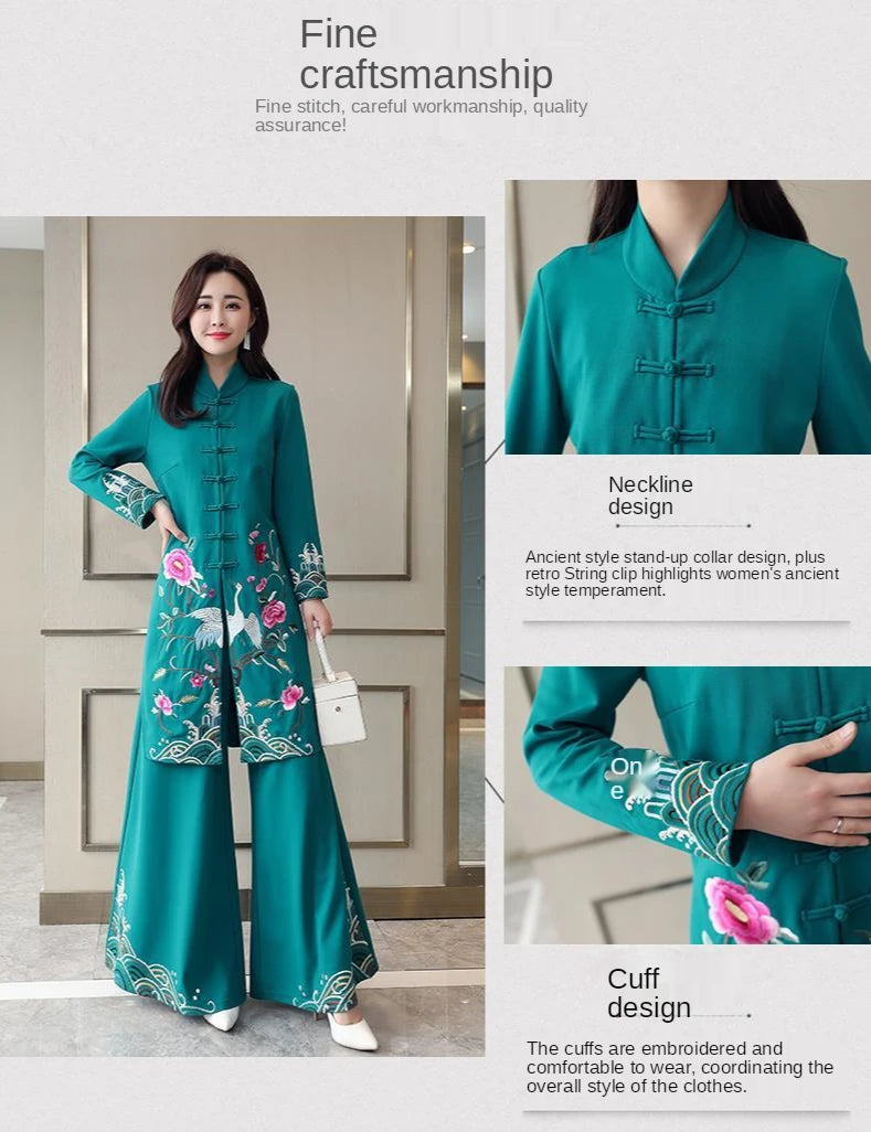 Chinese Styles Vintage Women Hanfu Midi Qipao Two Pieces China Traditional Clothing Pants Set Tang Suit Robe Orientale Clothes