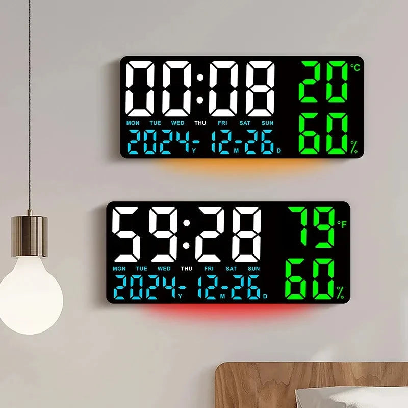 Digital Wall Clock with Atmosphere Lights Remote Control TEMP Humidity Display LED Large Table Clock Multifunctional Alarm Clock