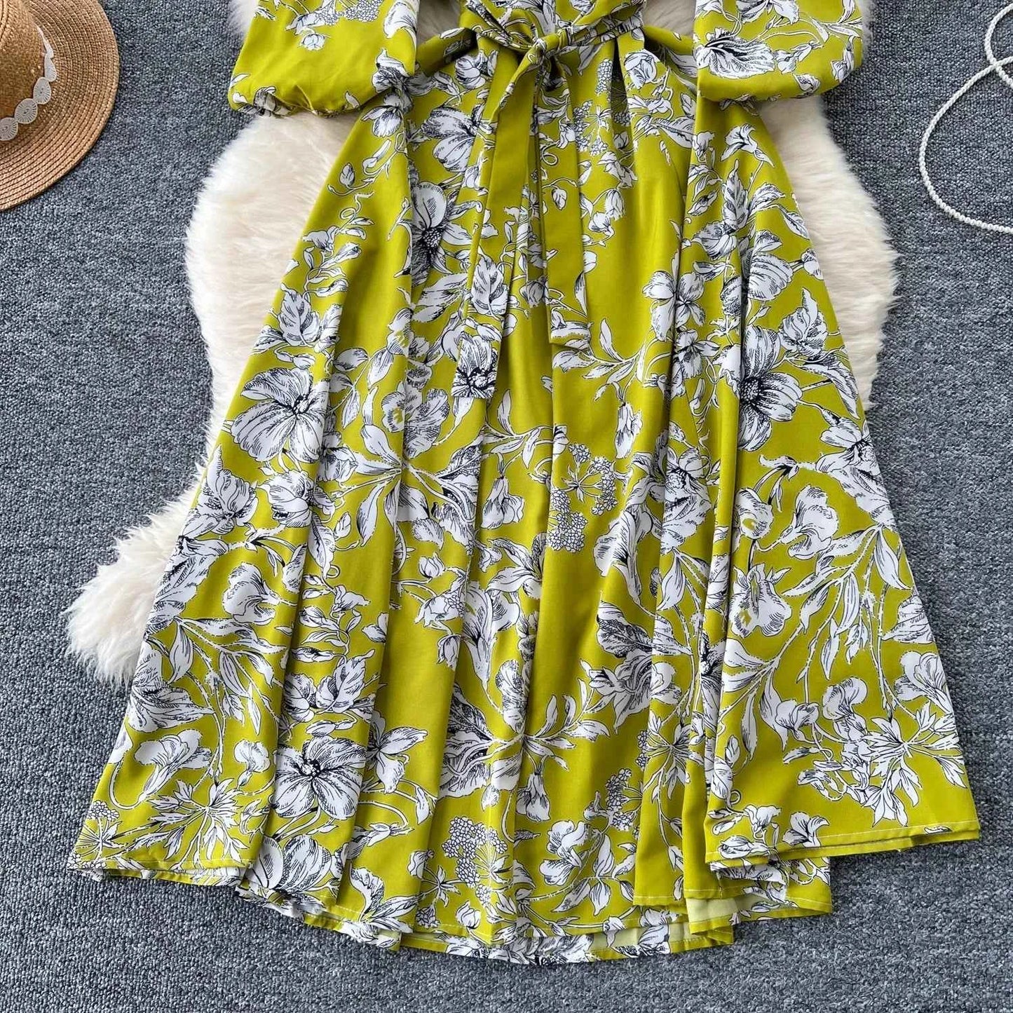 Elegant Boho Floral Print Floral Pleated Maxi Long Dress Female V Neck Puff Sleeve Belt Dresses Women Summer Dress Robe
