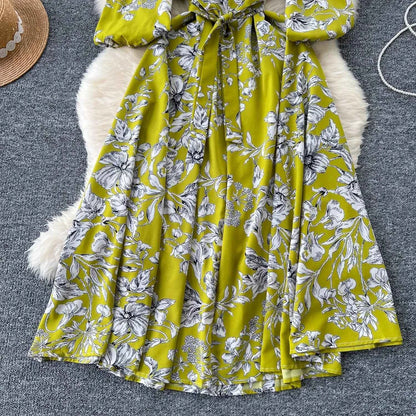 Elegant Boho Floral Print Floral Pleated Maxi Long Dress Female V Neck Puff Sleeve Belt Dresses Women Summer Dress Robe