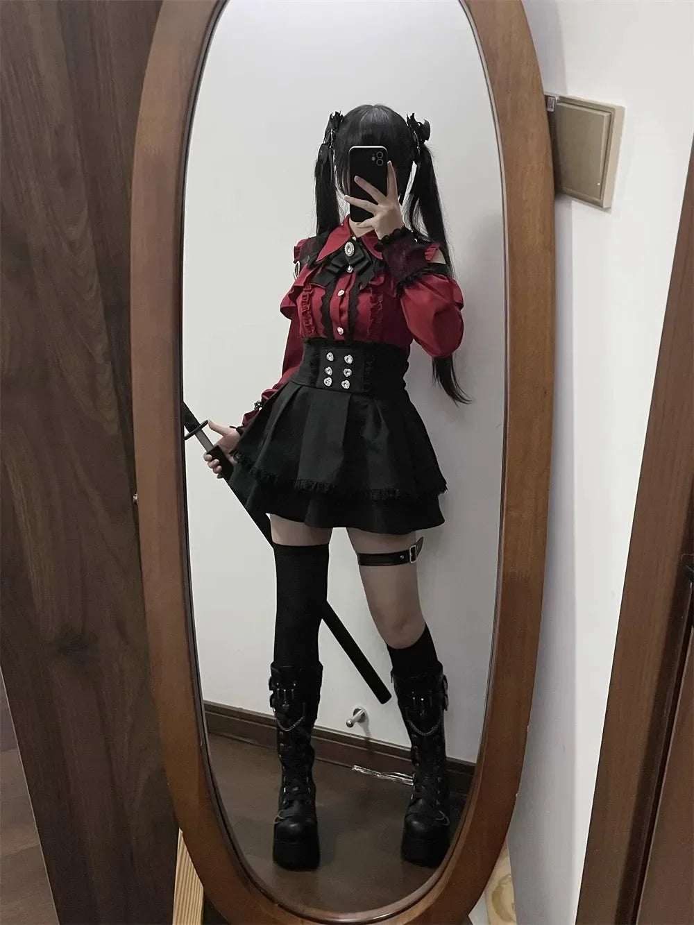 Sweet Gothic Lolita Two Piece Set, Off Shoulder Blouse + High Waist Skirt, Kawaii Tri-color Lace Coord Outfit for Women & Teens