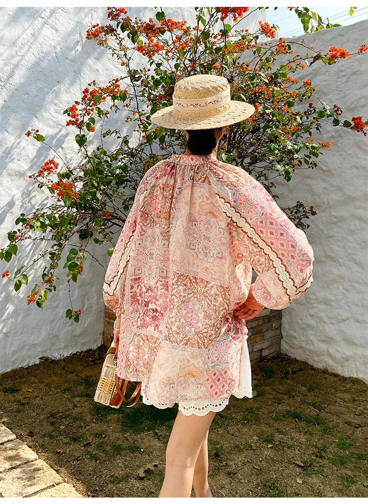 Boho Flrench Chic Floral Blouse Shirt Printed Summer Loose Lace Hollow Out Sexy Ladies Vocation Women Long Sleeve Top Shirts New