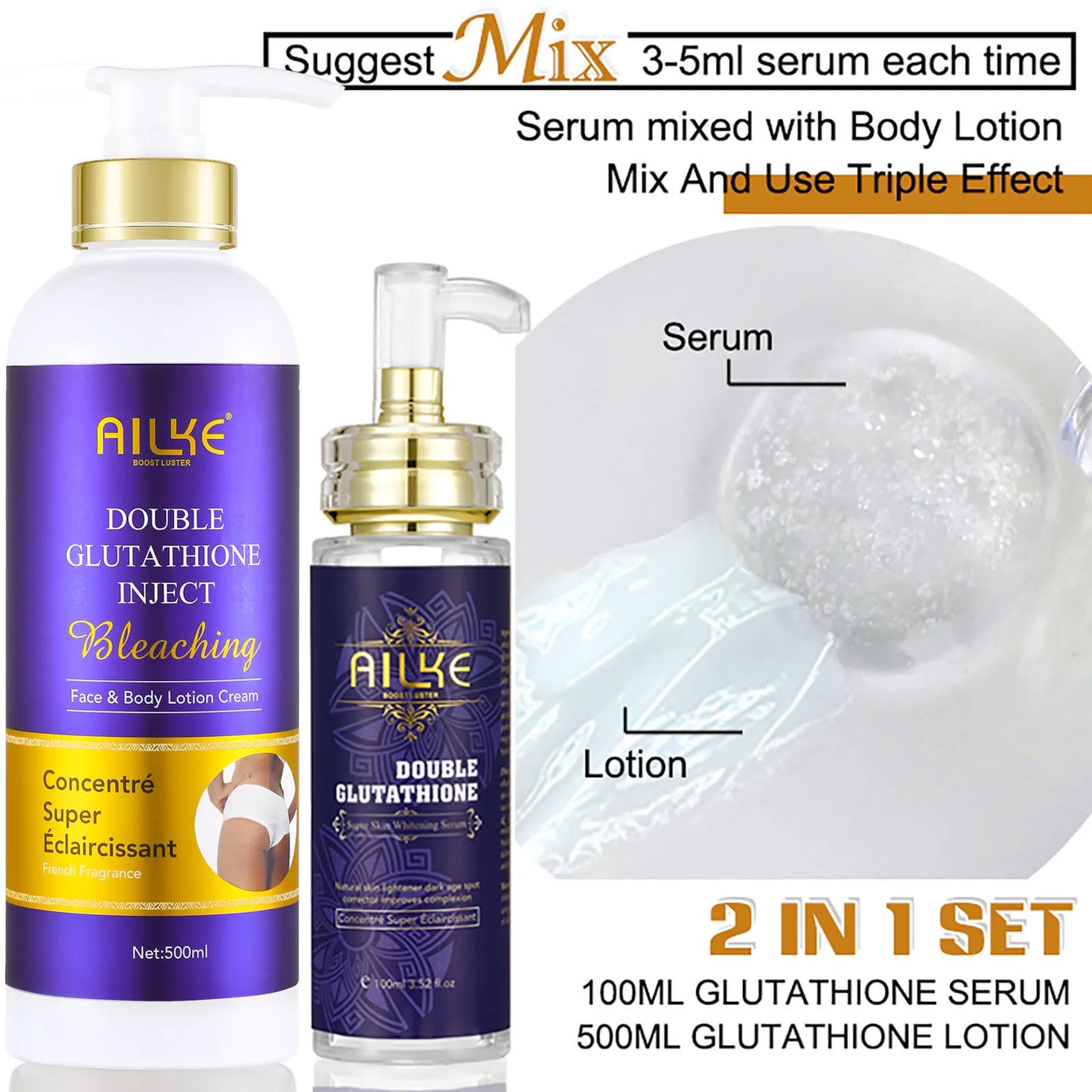 AILKE Glutathione 5-in-1 Women Skin Care Kit, With Body Lotion, Serum, Dark Spot Removal Cream, Body Cream, Brightening Soap - AMULET RING STORE
