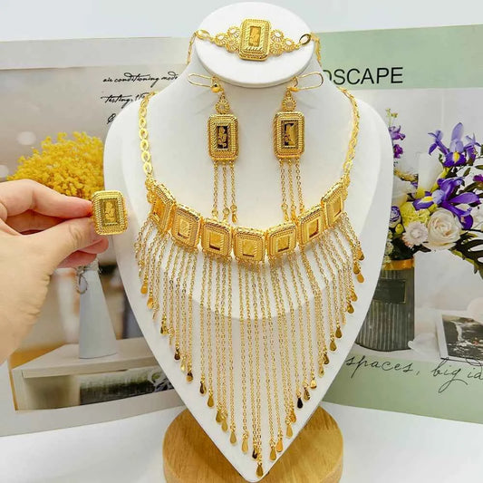 Earring Tassel Necklace Middle East 4pcs Jewelry Women Cuff Bangles with Ring Jewelry Dubai Fashion Set African Jewelry Wedding