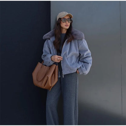 Solid Twill Denim Jacket Women Chic Patchwork Fur Collar Lapel Full Sleeve Zipper Pockets Loose Coat Lady Commute Street Wear