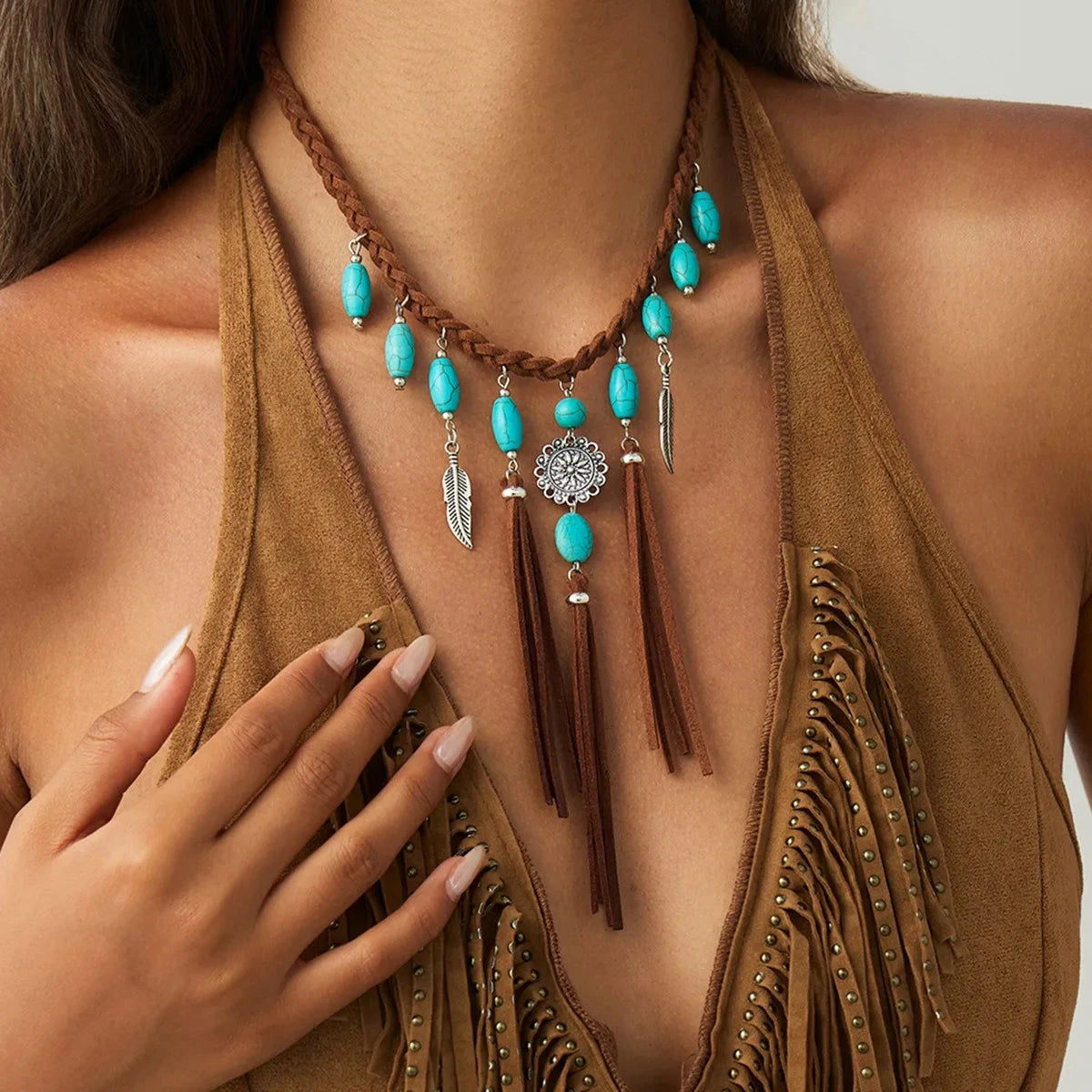 Ethnic Style Women Leaf Choker Woven Rope Leather Tassel Turquoise Stone Necklace Feather Pendant Retro Bohemian Necklace - AMULET RING STORE