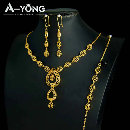 Luxury Dubai Wedding Jewelry Set 21k Gold Plated Arab Bridal Gold Necklace Bracelet Earrings Brazilian Women Vintage Jewelrys