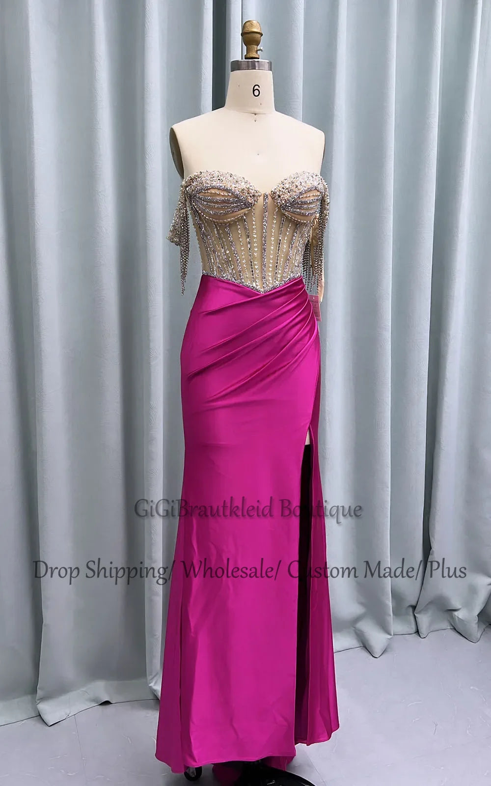 GiGiBraut Fancy Satin Prom Dress For Women Mermaid Pleated Slit Crystals Evening Gowns Vestido De Formatura Party Customised - AMULET RING STORE