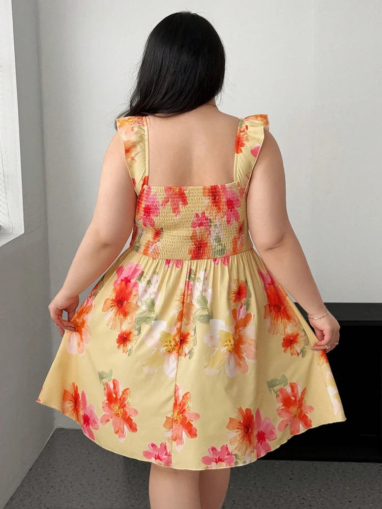 Plus Size Fly Sleeve Flower Chest Cup Dress A Hem Short Dress Printed Beach Square Neck Casual