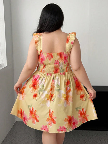 Plus Size Fly Sleeve Flower Chest Cup Dress A Hem Short Dress Printed Beach Square Neck Casual