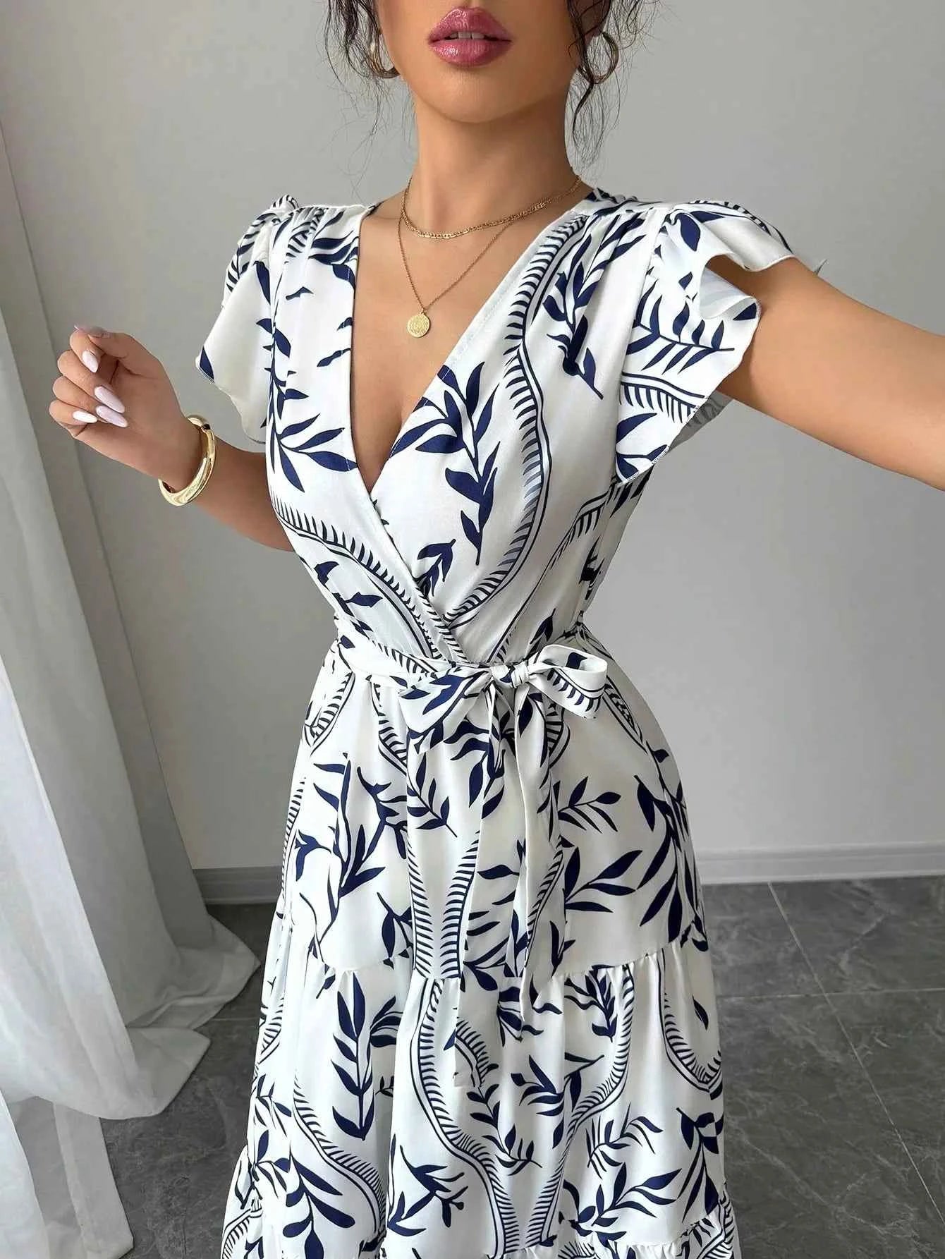 New Summer Women's Printed Lace-up Dress,Short Sleeved Dresses,White Dresses,Elegant Dresses For Ladies,Woman's 2025 Clothing