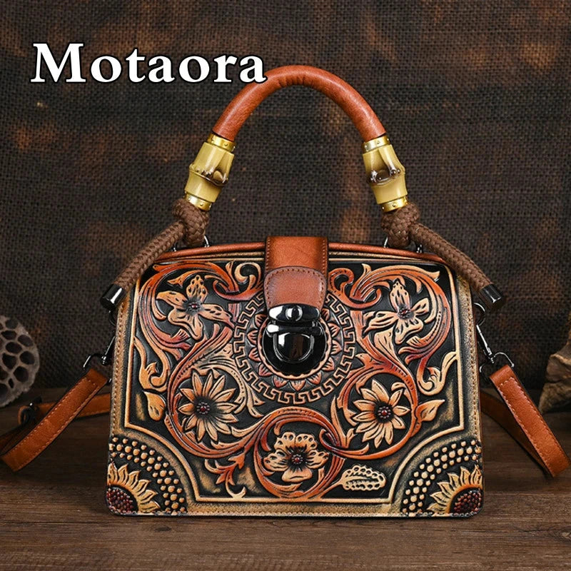 Motaora New Embossed Shoulder Bag For Women's 2025 Vintage Handmade Handbag Female PU Leather Big Capacity Crossbody Bags Purse