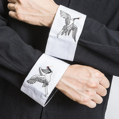 New Crane Embroidery Top Traditional Chinese Clothing for Men Vintage Half Sleeve Linen Shirts Solid Madarin Collar Hanfu Kungfu