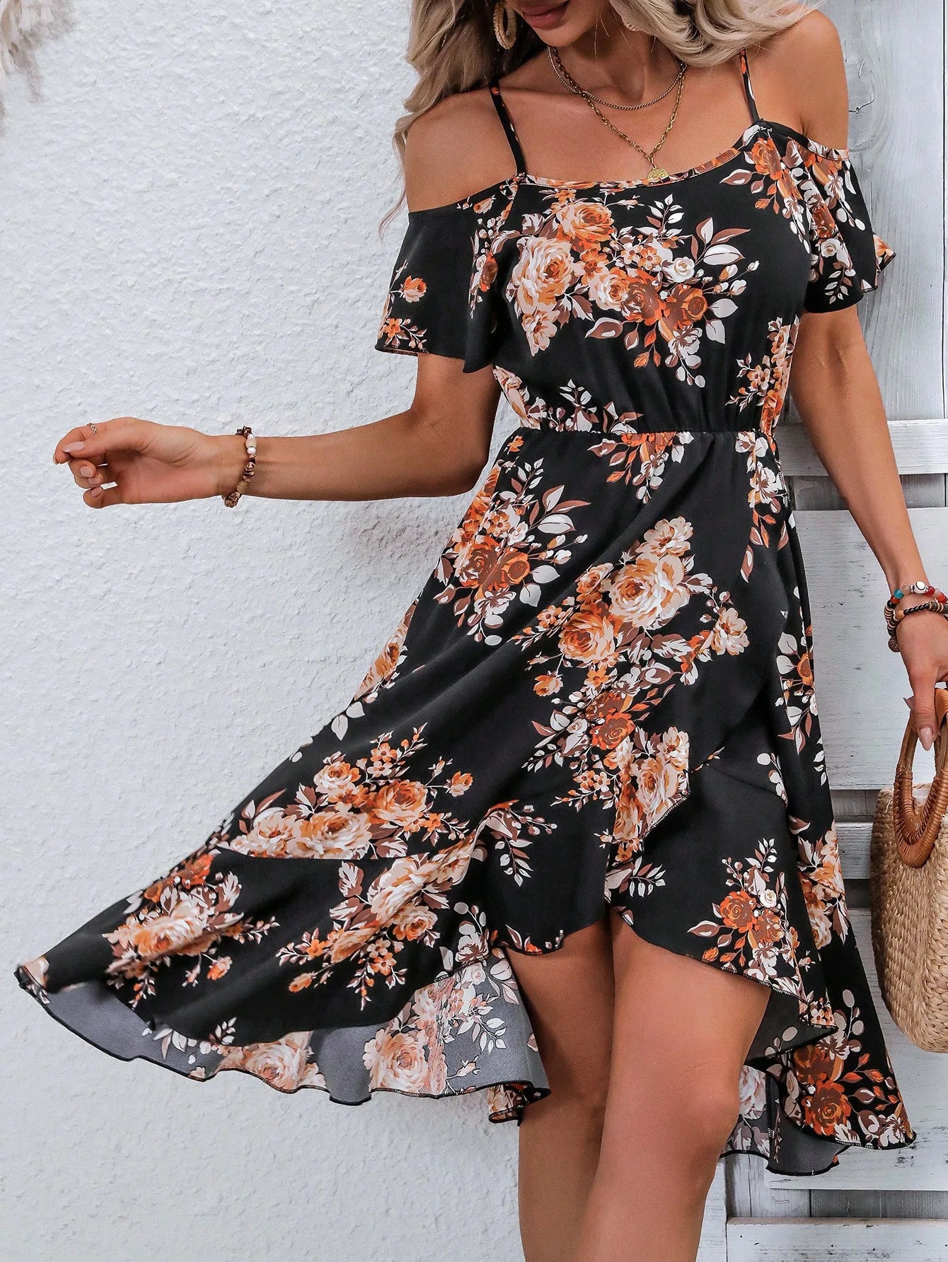 Summer women's printed off shoulder slit camisole irregular skirt shape women's elegant dress with temperament - AMULET RING STORE