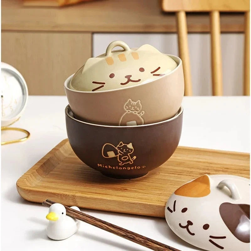 550ml Cartoon Cat Ceramic Instant Noodle Bowl With Lid Underglaze Color Soup Salad Bowl Kitchen Office Student Lunch Box 1pcs - AMULET RING STORE