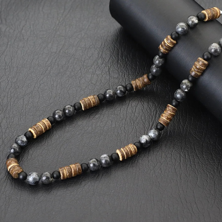 Natural Coconut Husk Wooden Necklace For Men 18 Inches Short Collar Volcanic Rock Tiger Eyes Stone Colar Jewelry Gift For Him
