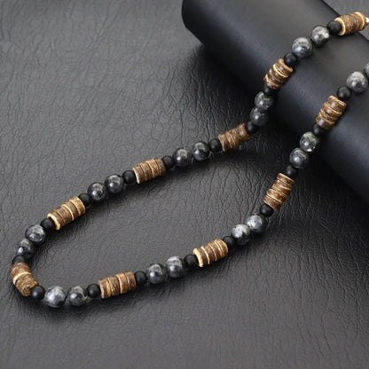 Natural Coconut Husk Wooden Necklace For Men 18 Inches Short Collar Volcanic Rock Tiger Eyes Stone Colar Jewelry Gift For Him