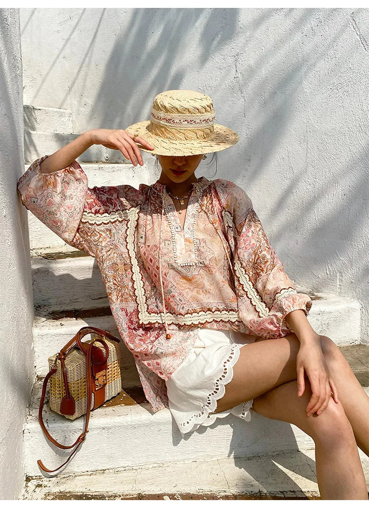 Boho Flrench Chic Floral Blouse Shirt Printed Summer Loose Lace Hollow Out Sexy Ladies Vocation Women Long Sleeve Top Shirts New