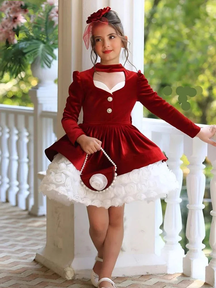 Customized Red Flower Girl Dresses for Wedding Bow Beaded Knee Length First Communion Kids Birthday Party Gown Party Dress