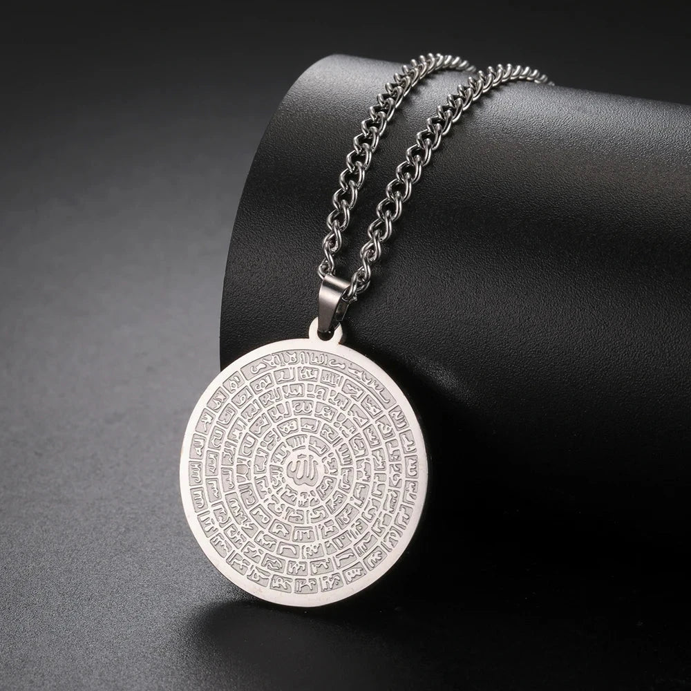 Dawapara 99 Names of Allah Necklace Islamic Muslim Arabian Calligraphy Ayatul Kursi Pendant Religious Stainless Steel Jewelry - AMULET RING STORE