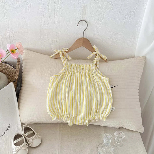 Summer baby clothes Korean thin striped suspenders bow triangle jumpsuit, sweet and cute baby jumpsuit, suitable for going out - AMULET RING STORE