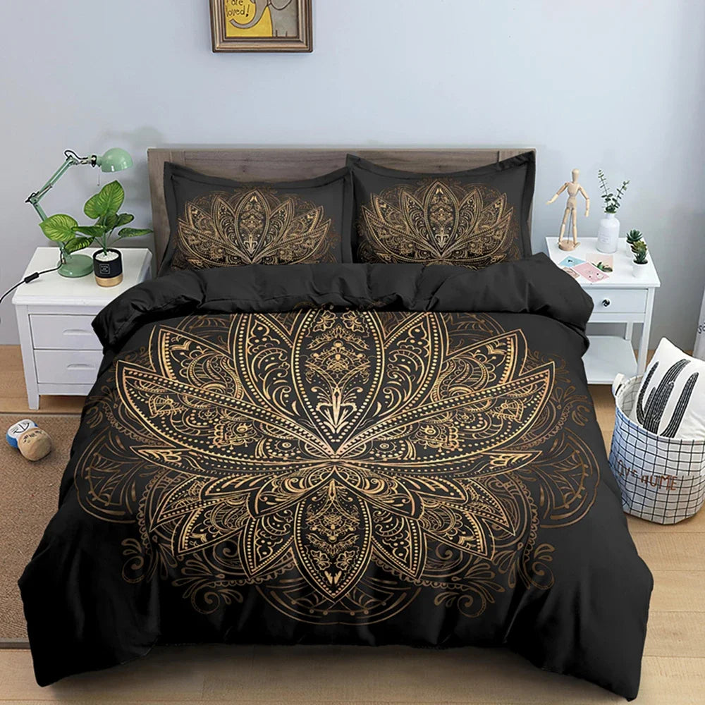 2/3pcs Bed Set Bohemian Lotus Duvet Cover Set Mandala Flower Quilt Cover Adult Black Polyester Bedding Set Queen King Twin Teens - AMULET RING STORE