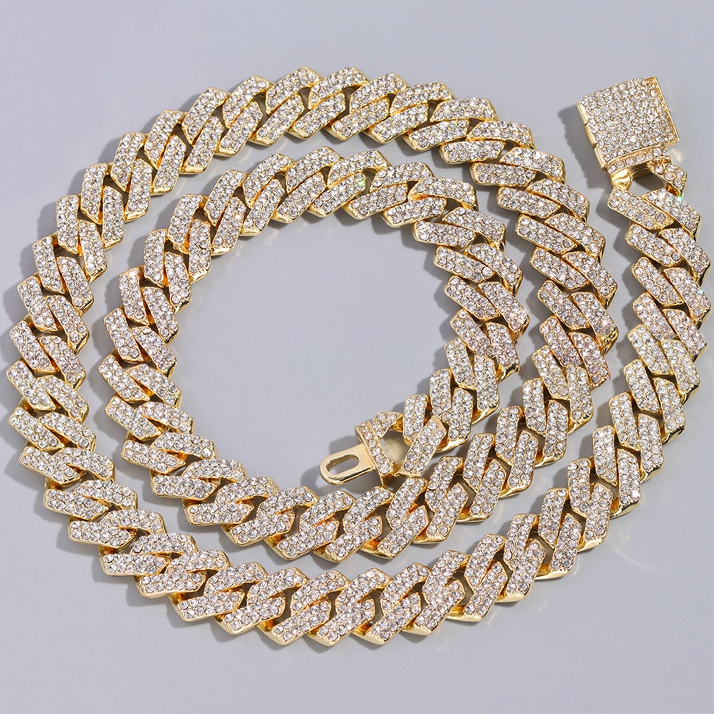 Iced Out Bling AAA Rhinestones Prong Cuban Link Chain Men's Necklace 2 Row Crystal Curb Cuban Chain Hip Hop Jewelry 13/14/20MM - AMULET RING STORE