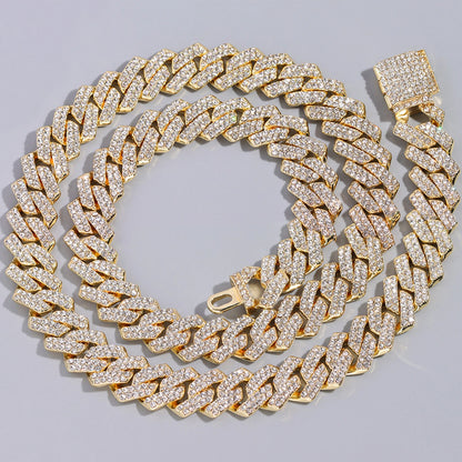 Iced Out Bling AAA Rhinestones Prong Cuban Link Chain Men's Necklace 2 Row Crystal Curb Cuban Chain Hip Hop Jewelry 13/14/20MM - AMULET RING STORE