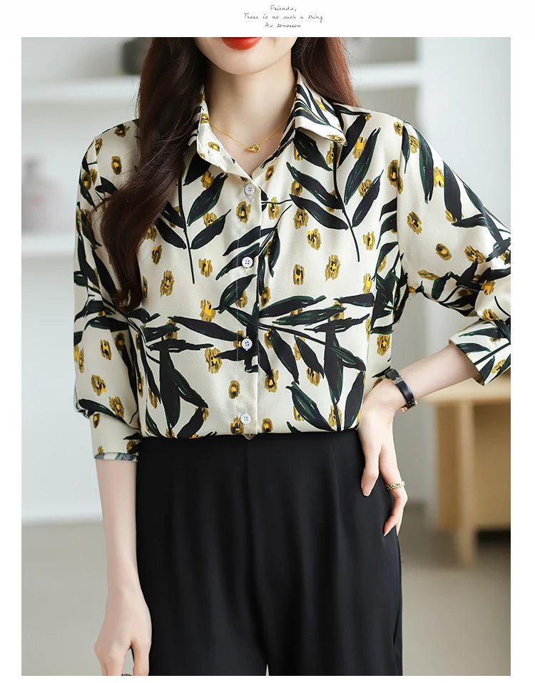 2025 Spring Autumn New Office Lady Blouse Fashion Floral Printed Shirt Turndown Collar Med-Length Long Sleeve Women Tops